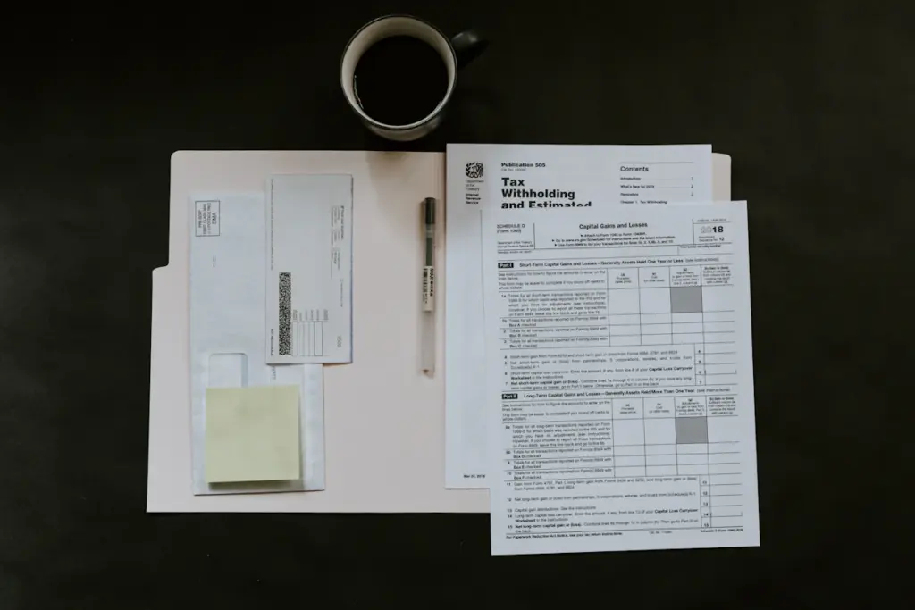 Tax forms, a pen, and a cup of coffee on a work desk